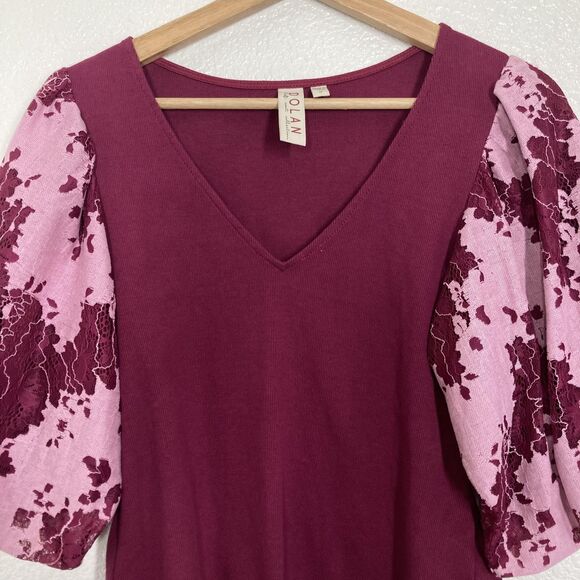 Dolan Shirt Womens Medium Burgundy Pink V-Neck Puff Sleeve Floral Lace Knit - Picture 13 of 16